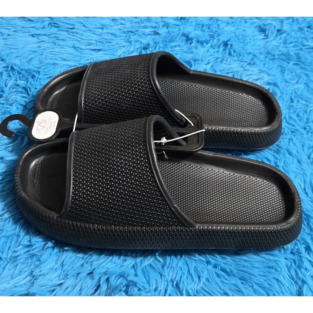 Bobbie Brooks Womens Black Slip On Sandals Size Large 9/10 Pool Shower Slides